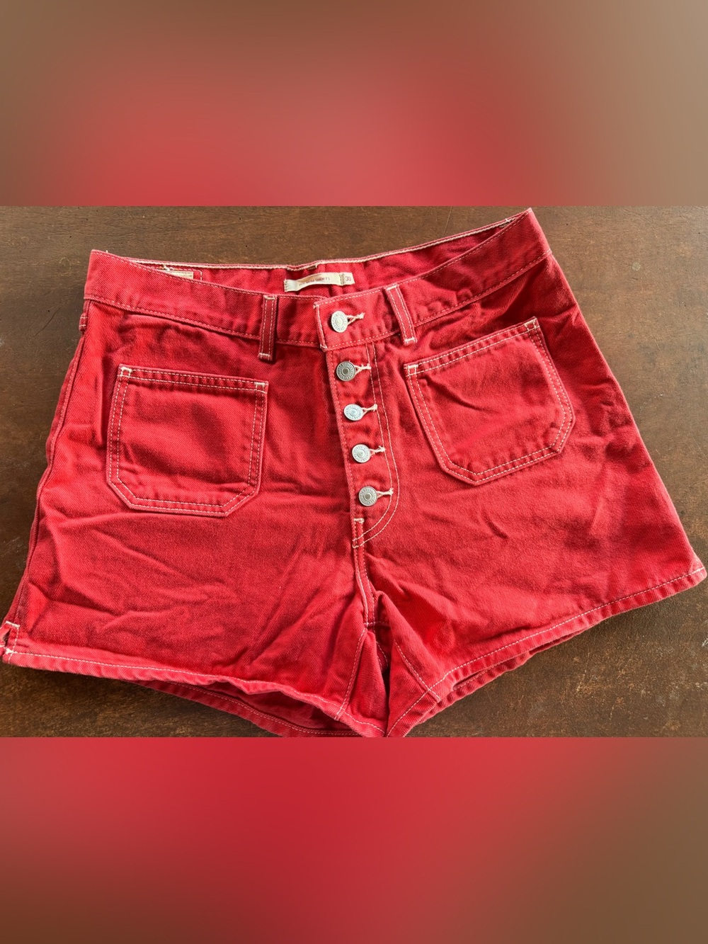 Women’s size 30 Wranglers “Mom Jean”Red Button-Front Denim Shorts